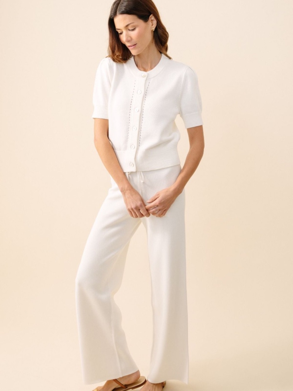 Women's Ivory Wide-Leg Knit Pants and cardigan